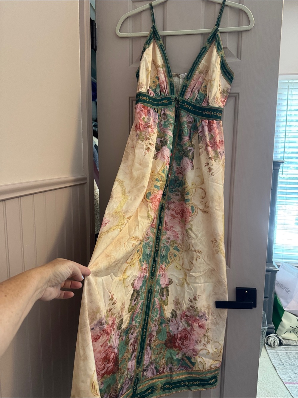 Half Heart NWOT Floral Satin Slip Dress with Green Trim
